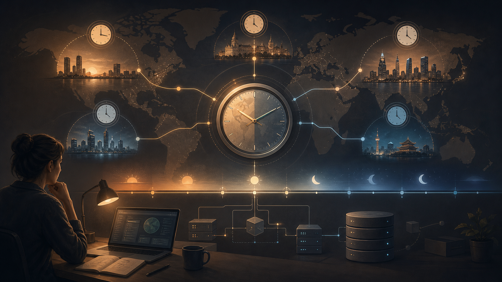 Software engineer studying a world map connected to clocks, servers, and a database across several time zones