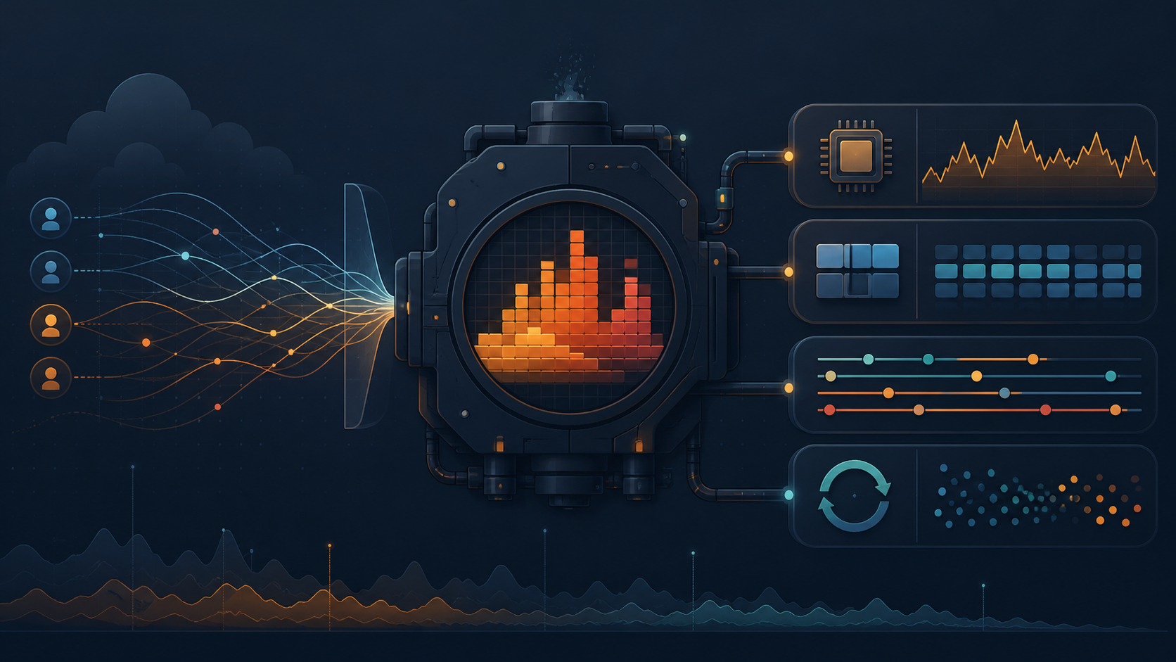 Java performance profiling illustration with request flows, CPU activity, memory blocks, threads, and garbage collection